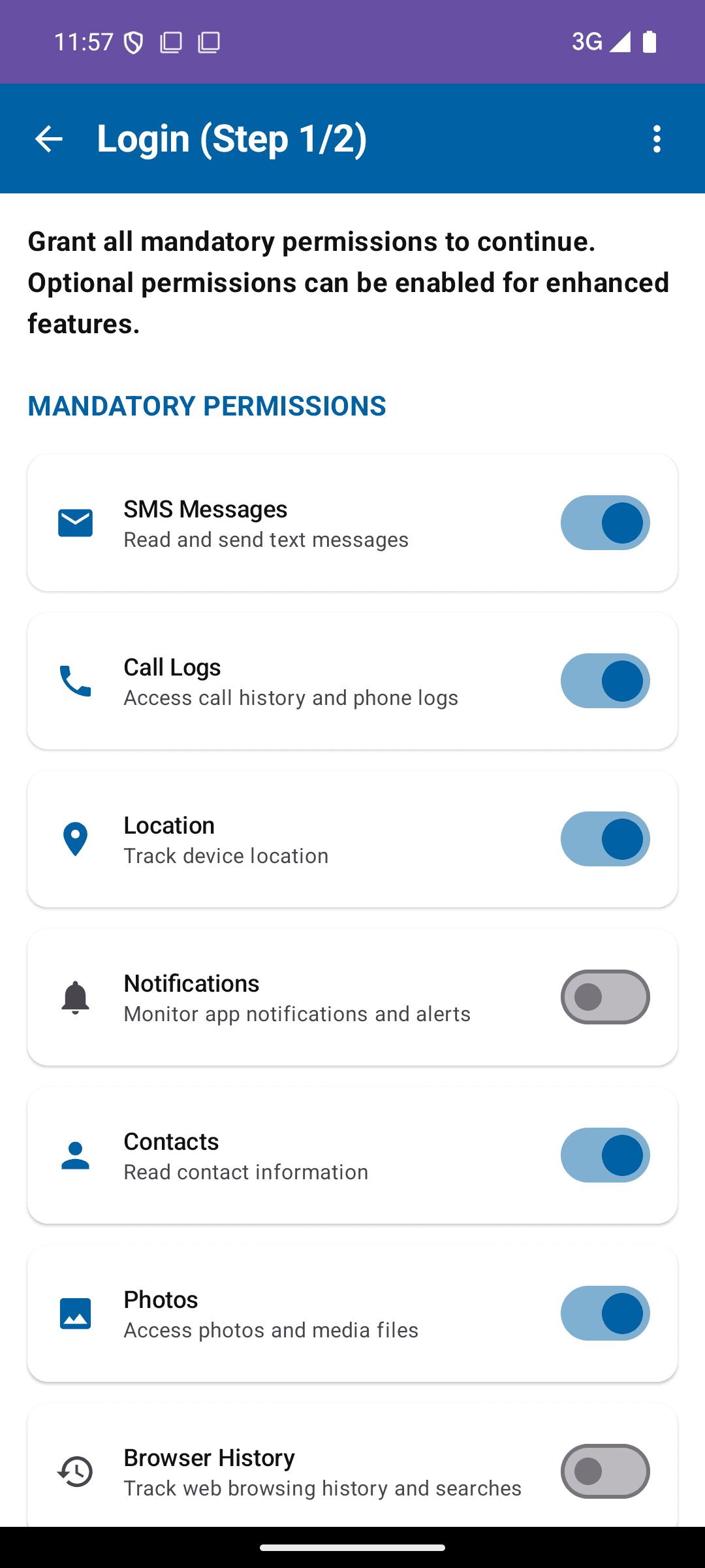 KidSafe360 permissions wizard on the child's phone, showing mandatory permission toggles