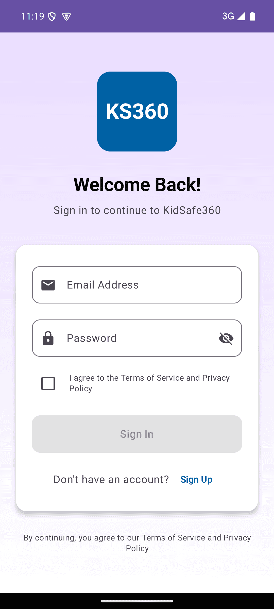 KidSafe360 sign-in screen on the child's phone